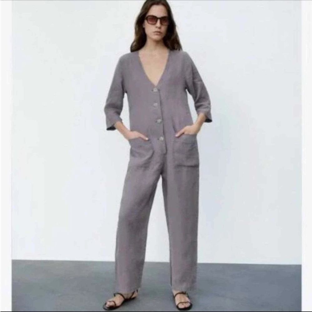 ZARA Lillian Gray Linen Jumpsuit Button-Down Romper Women’s Size M Casual Boho